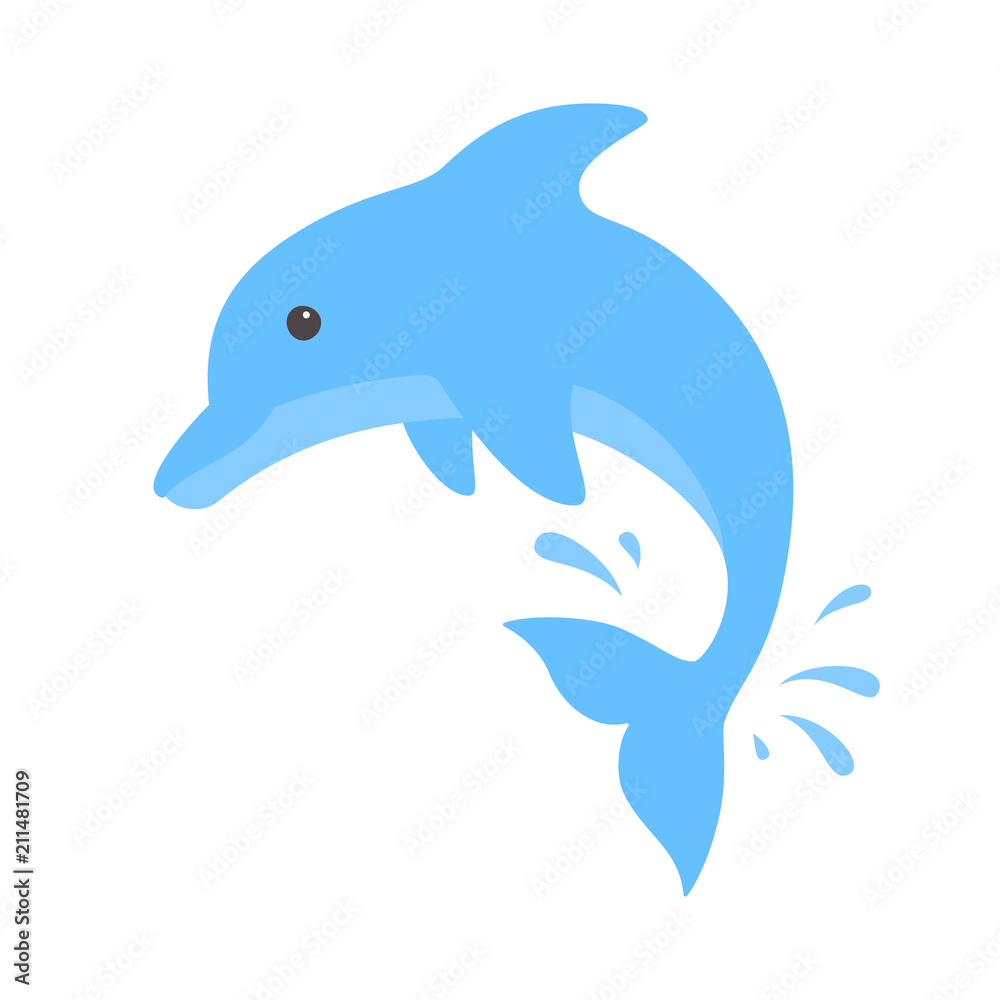 Naklejka premium Skaczący delfin i plusk wody. Ładny niebieski delfin w stylu cartoon. Ilustracja wektorowa dla broszury basen lub baner. Odosobniony