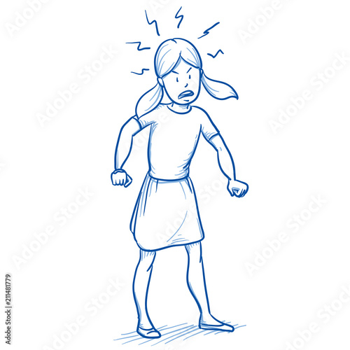 Young girl looking furious with her hands clenched fists. Hand drawn cartoon doodle vector illustration. 