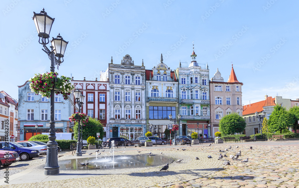 Fototapeta premium Tczew in Gdansk Pomerania - historic tenement houses at Haller Square that plays role of old town market square