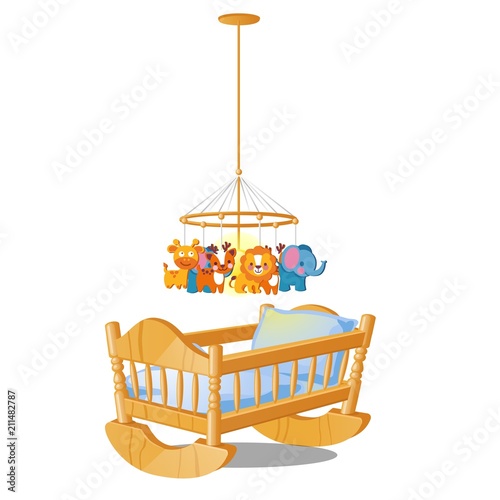 Baby carousel with hanging toys over wooden cot isolated on white background. Vector cartoon close-up illustration.