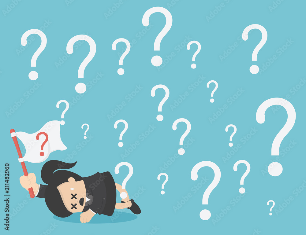 Business Woman holding stick with a white flag with question mark on background Business Woman holding stick with a white flag with question mark on background