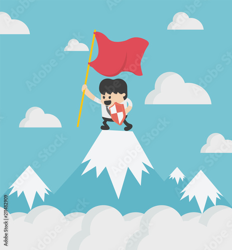 Happy businessman holding success flag standing on top of mountain vector cartoon flat character isolated Think Outside The Box