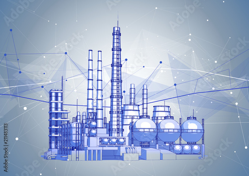 modern chemical manufacturing plant on a blue technological background with a stylized digital wave - the concept of modern technology, the new industrial revolution & information technology / vector