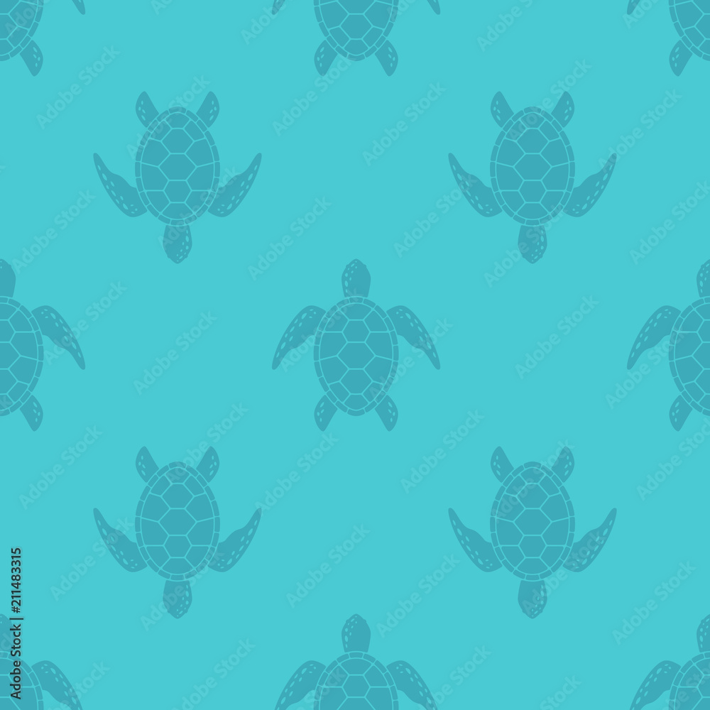 Naklejka premium Vector pattern with sea turtle. Blue texture with turtle silhouette.