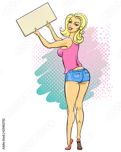 Pop art comics blond girl standing with board for your text.