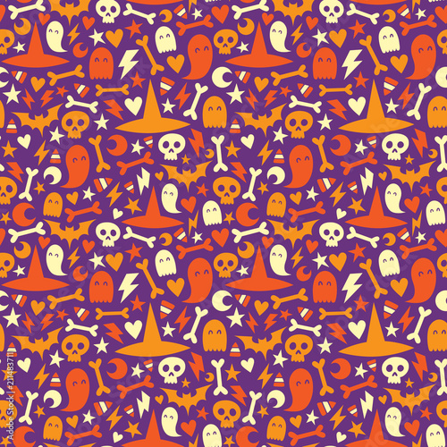 Halloween adorable bright and colorful seamless background. Pumpkin, witch hat, bones, ghost and moon autumn vector pattern. Orange, white and purple ornament.
