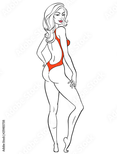 Illustration of sexy pinup girl standing in body dress.