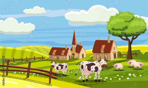Cute rural landscape with farm, cow, flowers, hills, village, cartoon style, vector, isolated