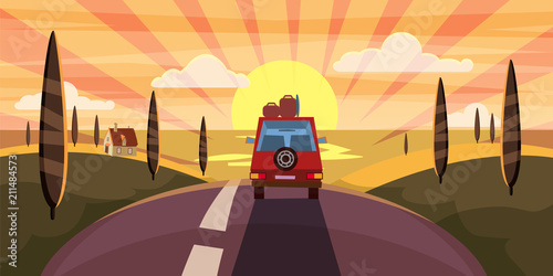 Summer trip vector illustration space for your text. Car trip to camp, sunset, tourism concept. Vector, illustration, isolated
