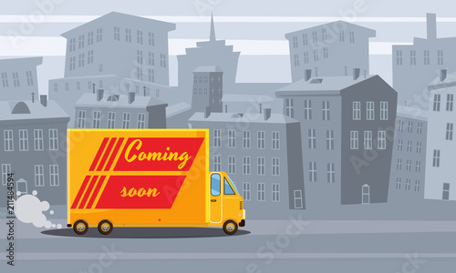 Cartoon cityscape. Old city skyline vector background. Delivery track in city skyline illustration, isolated