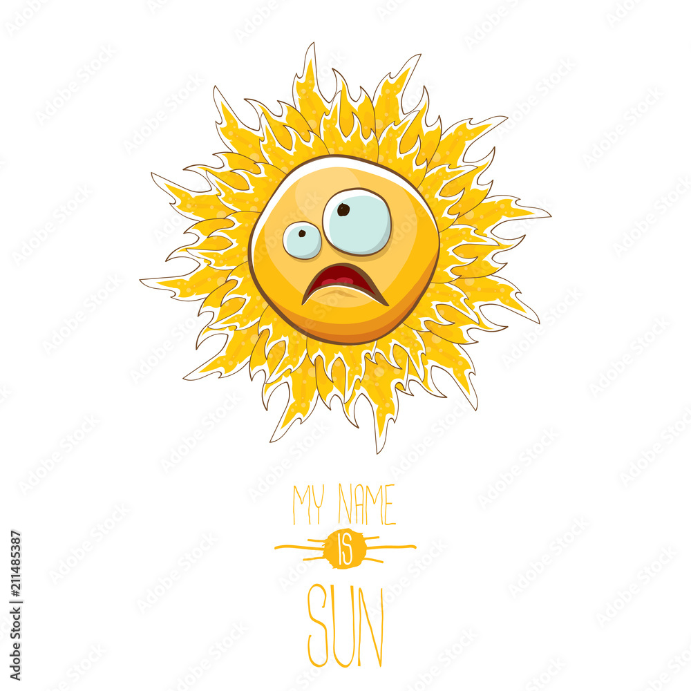 vector funky cartoon style summer sun character isolated on white background. My name is sun concept illustration. funky kids summer character with eyes and mouth