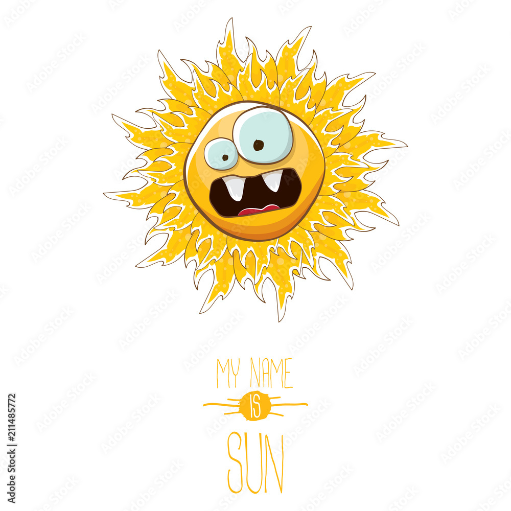 vector funky cartoon style summer sun character isolated on white background. My name is sun concept illustration. funky kids summer character with eyes and mouth