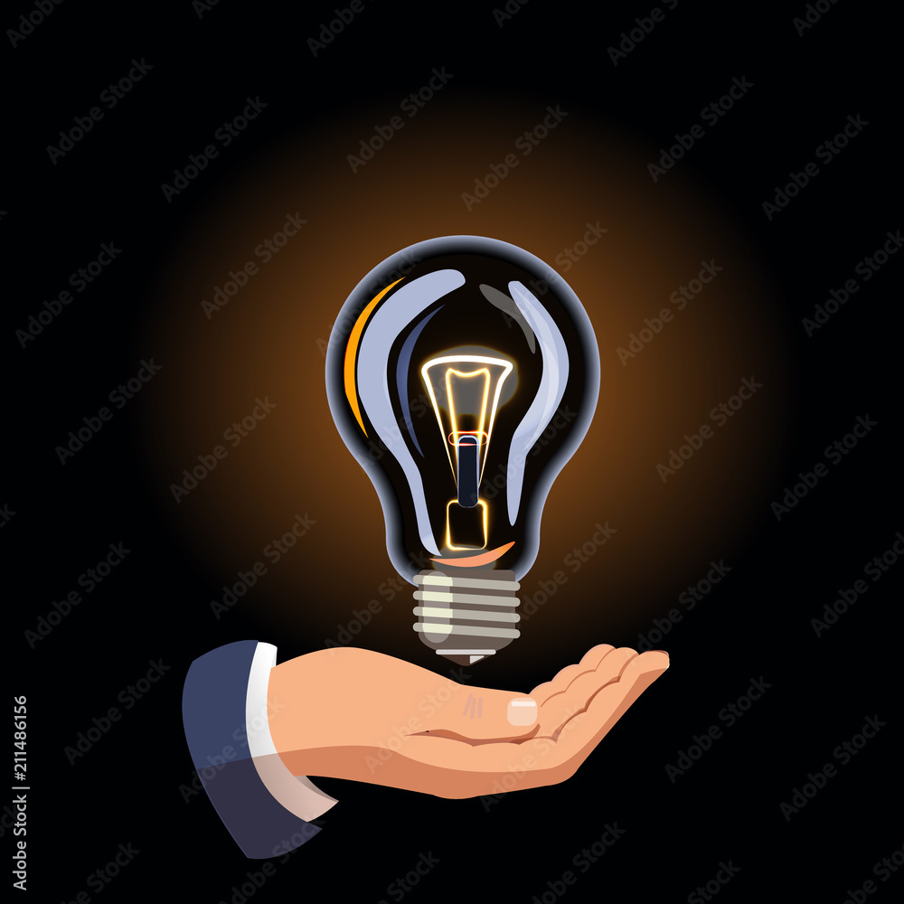 The hand holds a light bulb. The electric light is on. Energy saving. Sale of light bulbs. Suggest an idea. Color icon, banner. Vector images The hand holds a light bulb. The electric light is on. Energy saving. Sale of light bulbs. Suggest an idea. Color icon, banner. Vector images