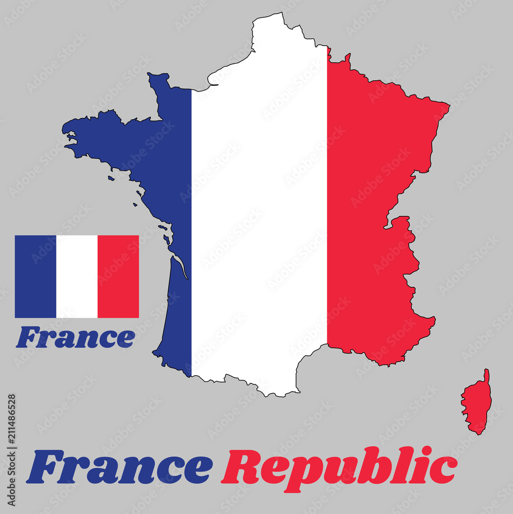 Map outline and flag of France, it is a vertical tricolor of blue, white, and red, with name text France Republic.