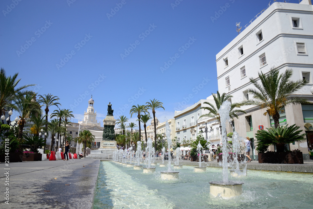 Cádiz, Spain - June 21, 2018: Detail of the fountains in the Plaza de San Juan de Dios in Cádiz.