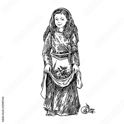Girl holding apples in apron. Engraving style. Vector illustration.