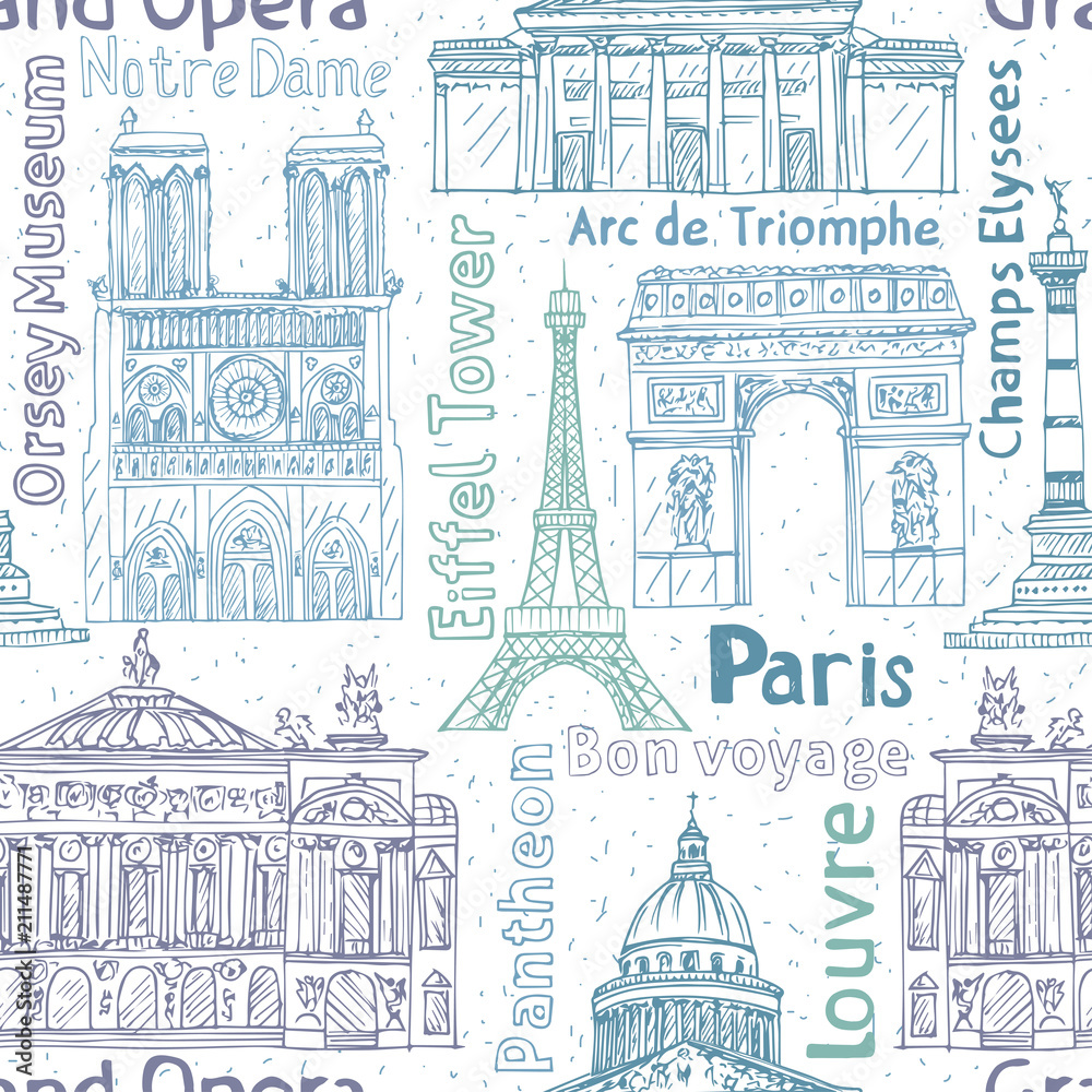 Paris landmarks seamless vector pattern. Hand drawn  Eiffel Tower, Notre de Paris, Arc de Triomphe,  Grand Opera, Pantheon