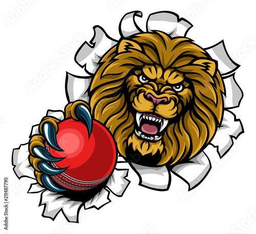 Lion Holding Cricket Ball Breaking Background