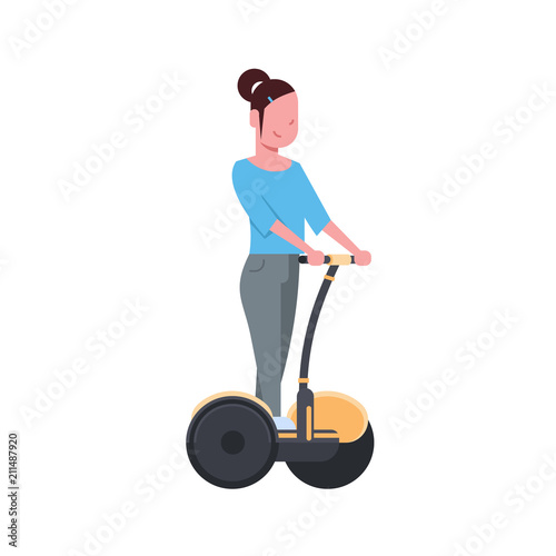 woman riding gyroscooter over white background. gyroboard concept. cartoon full length character. flat style vector illustration