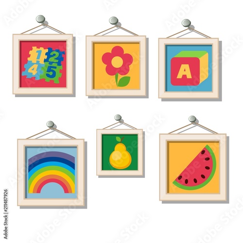A set of cute wall paintings for kindergarten isolated on white background. Vector cartoon close-up illustration.