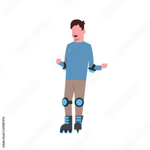 man roller skating over white background rollerblading cartoon full length character. flat style vector illustration