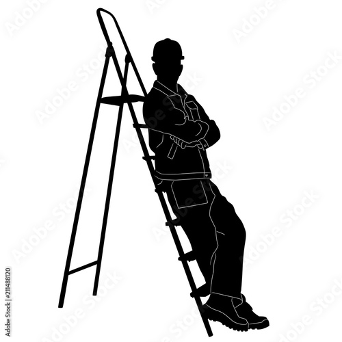Silhouette of worker with stepladder.