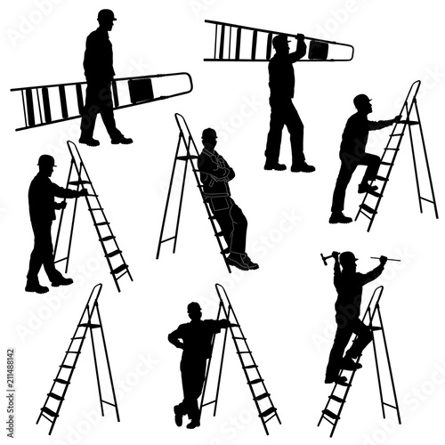 Set of silhouettes of worker with stepladder.