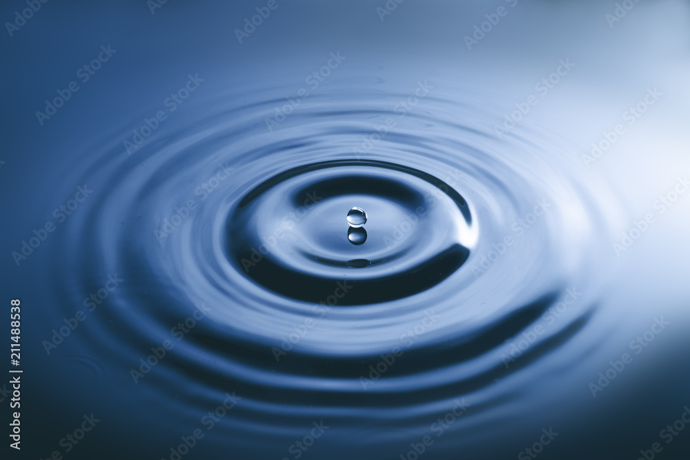 Blue water drop falling down and circles wave. Blue water drop falling down and circles wave.