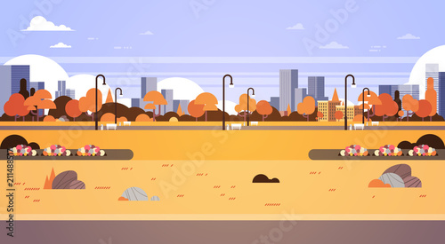 autumn urban yellow park outdoors city buildings street lamps cityscape concept horizontal flat vector illustration