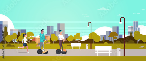 urban park outdoors activities man woman riding gyroscooter running nature city buildings street lamps cityscape horizontal banner flat vector illustration
