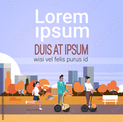 urban autumn park outdoors activities man woman riding gyroscooter running nature city buildings street lamps cityscape copy space flat vector illustration