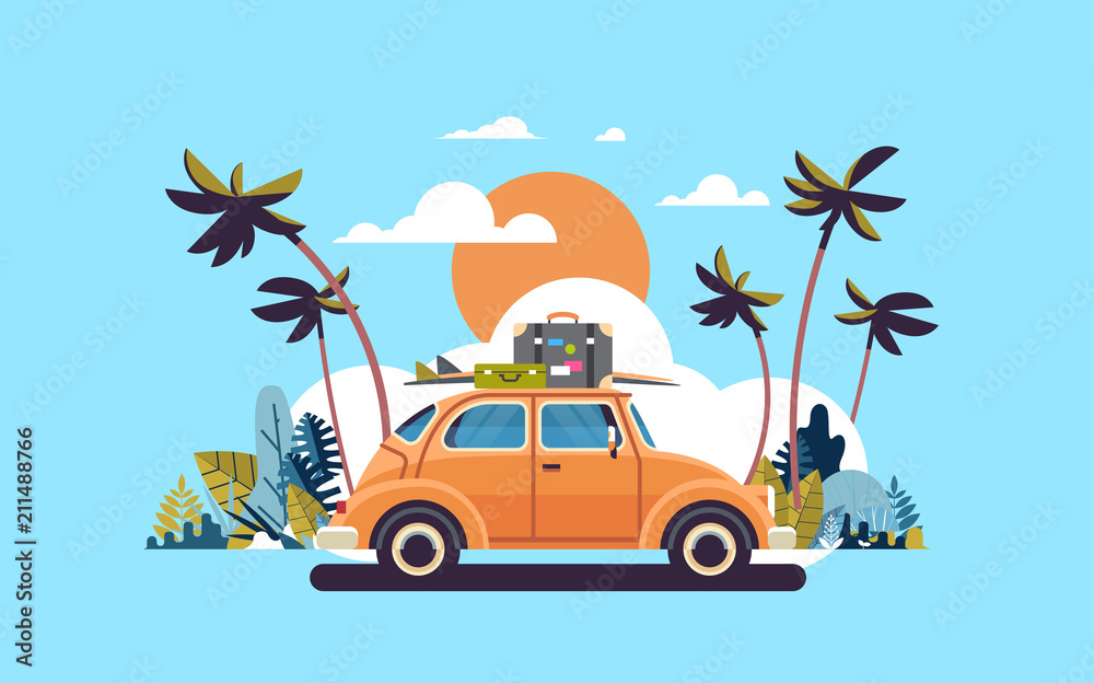 retro car with luggage on roof tropical sunset beach surfing vintage greeting card template poster flat vector illustration