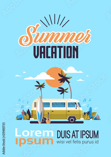 Summer vacation surf bus sunset tropical beach retro surfing vintage greeting card vertical with lettering template poster flat vector illustration
