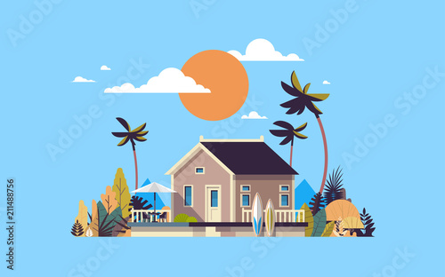 big summer villa house umbrella surf board sunset palm trees greeting card poster template flat vector illustration