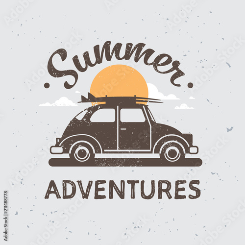retro car adventures with luggage on roof sunset surfing vintage greeting card with lettering template poster flat vector illustration