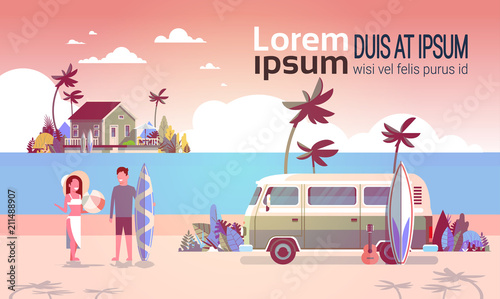 Summer vacation man woman surf bus sunset tropical beach retro surfing vintage villa island horizontal copy space template poster flat vector illustration