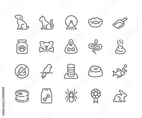 Simple Set of Pet Related Vector Line Icons. Contains such Icons as Dog, Cat, Bird, Spider, Animal Food and more. Editable Stroke. 48x48 Pixel Perfect.