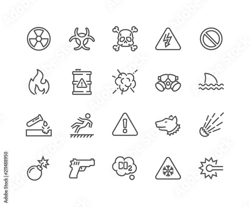 Simple Set of Warnings Related Vector Line Icons. Contains such Icons as Toxic, Explosive, Flammable and more. Editable Stroke. 48x48 Pixel Perfect. photo