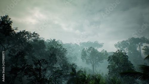 Naklejka Widok timelapse nad piękną bujną zieloną dżunglą. Renderowanie 3D.