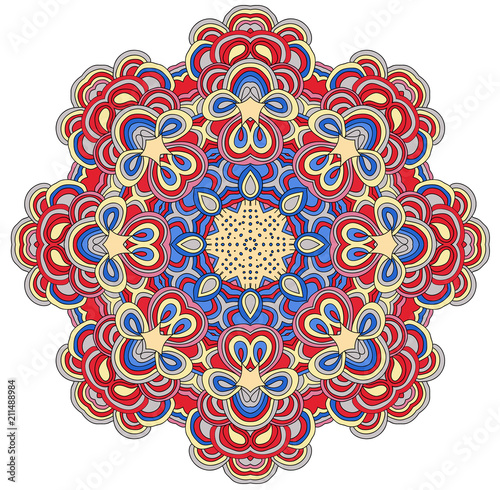 Round symmetrical pattern in blue, red, white and black colors. Mandala. Kaleidoscopic design. 