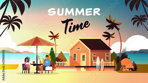 couple summer vacation man woman drink wine umbrella on sunset beach villa house tropical island horizontal flat vector illustration