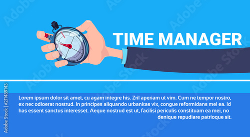 human hand hold stopwatch time manager chronometer timer concept flat copy space horizontal vector illustration