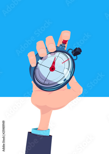 human hand hold stopwatch time manager chronometer timer concept flat vertical vector illustration