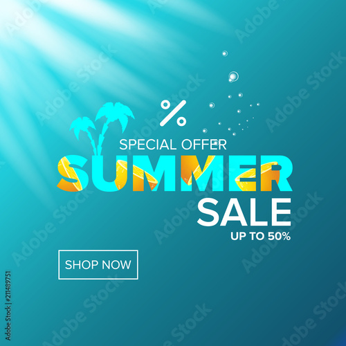 vector summer sale modern design template web banner or poster. Summer sale label with typographic text on azure water background with lights