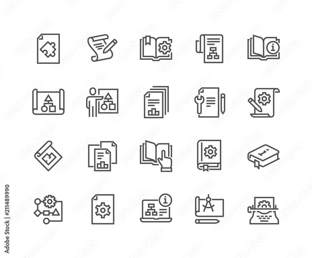 Simple Set of Technical Documentation Related Vector Line Icons. Contains such Icons as Plan, Blueprint, Manual and more. Editable Stroke. 48x48 Pixel Perfect.