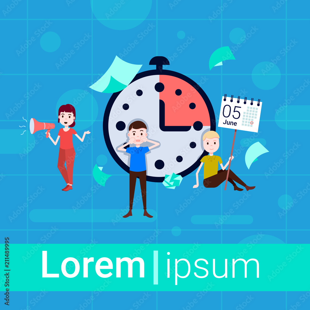 clock deadline man girl hold megaphone calendar 5 june day character working office concept for design work and animation full length flat copy space vector illustration clock deadline man girl hold megaphone calendar 5 june day character working office concept for design work and animation full length flat copy space vector illustration