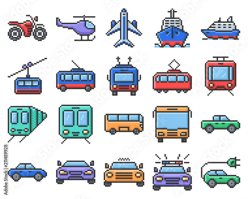 Outlined pixel icons set of some transport facilities