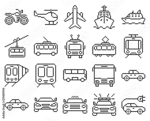 Line pixel icons set of some transport facilities