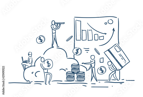 business cloud storage financial graphs internet business analytics concept businesspeople working process money dollar coin stack over white background sketch doodle vector illustration