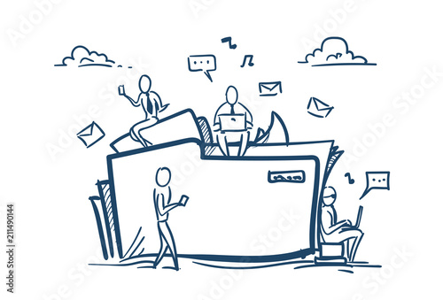 Cloud data storage folder file sharing service concept businesspeople working together over white background sketch doodle vector illustration
